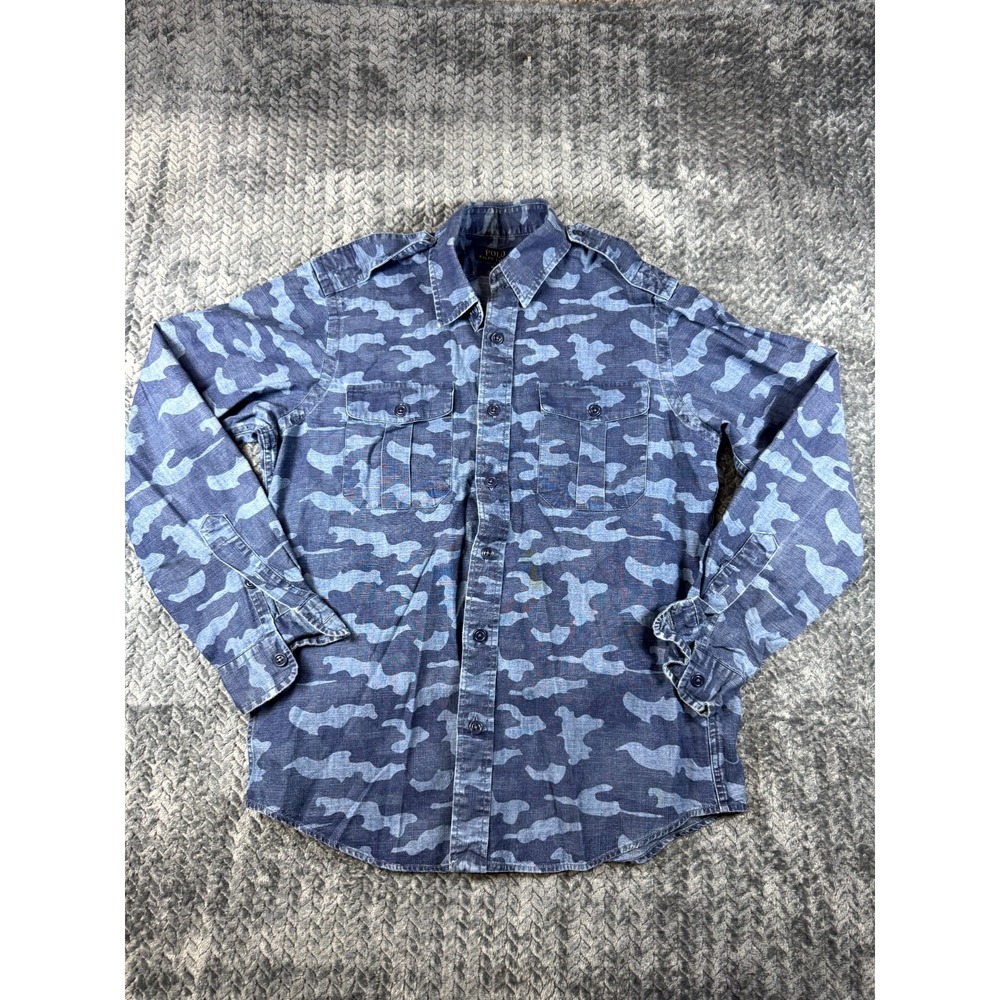 Polo Ralph Lauren Indigo Shirt Men's Medium Blue Chambray Camouflage Military